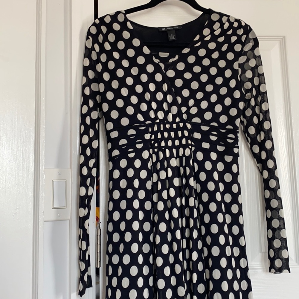 Black long sleeve dress with white polka dots